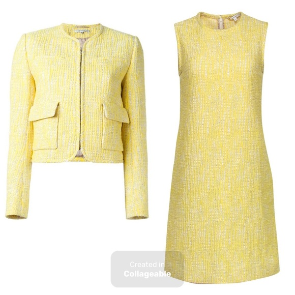 Carven Two Piece Yellow Tweed set size FR 40 /USA 8  zip up jacket and dress - Picture 1 of 13
